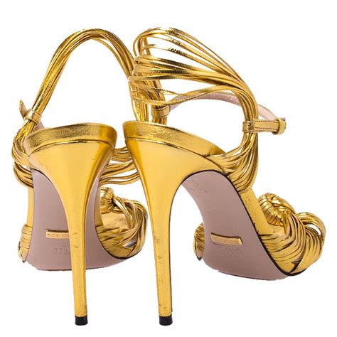 Gucci Metallic Gold Leather Strappy Allie Knot Sandals Size 37.5 